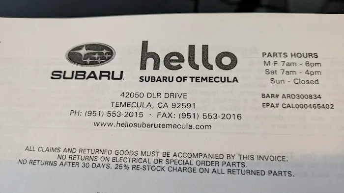 Hello Subaru of Temecula Parts Dept. 0